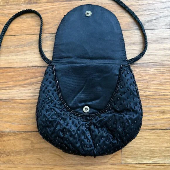 Vintage La Regale Black Beaded Small Mini Purse with Long Shoulder Strap - Picture 3 of 7